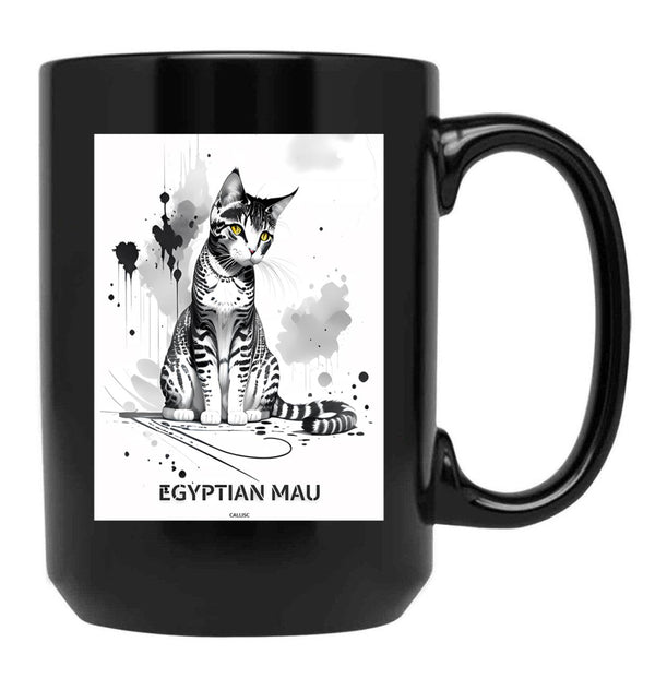 Egyptian Mau Cat Brush Sketch By Callisc Arts Black Coffee Mug, Gift Coffee Mug - Black