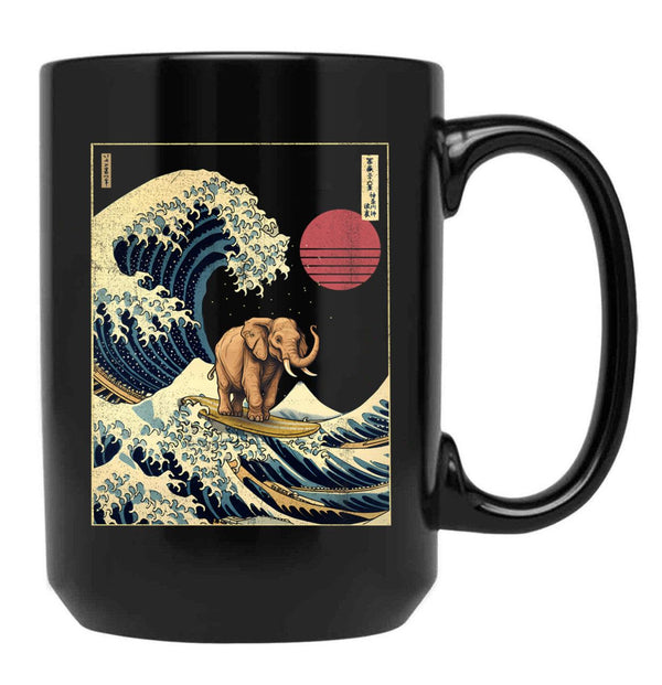 Elephant Kanagawa Japanese Surfing Wave Black Coffee Mug, Gift Coffee Mug - Black