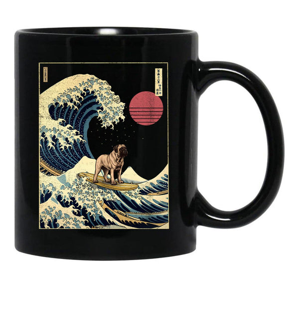 English Mastiff Kanagawa Japanese Surfing Wave Black Coffee Mug, Gift Coffee Mug - Black