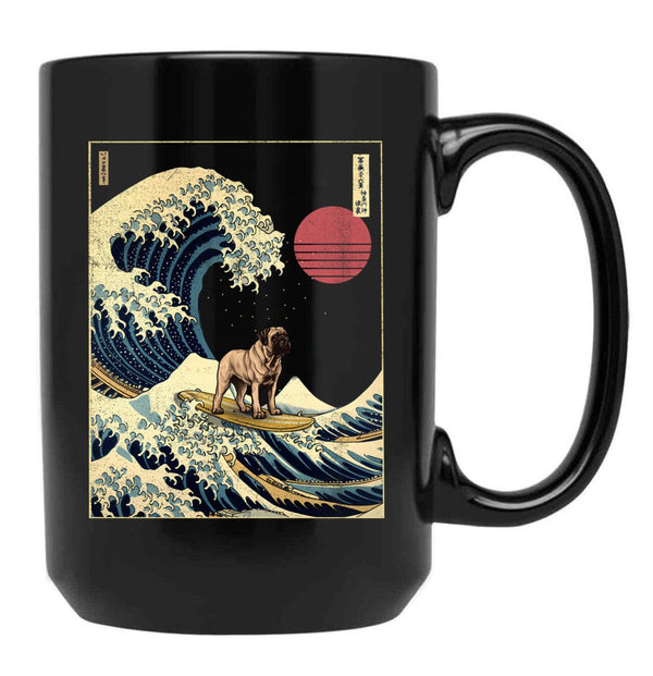 English Mastiff Kanagawa Japanese Surfing Wave Black Coffee Mug, Gift Coffee Mug - Black