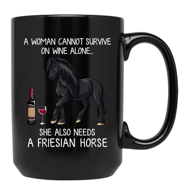 Friesian Horse And Wine Funny Horse Black Coffee Mug, Gift Coffee Mug - Black