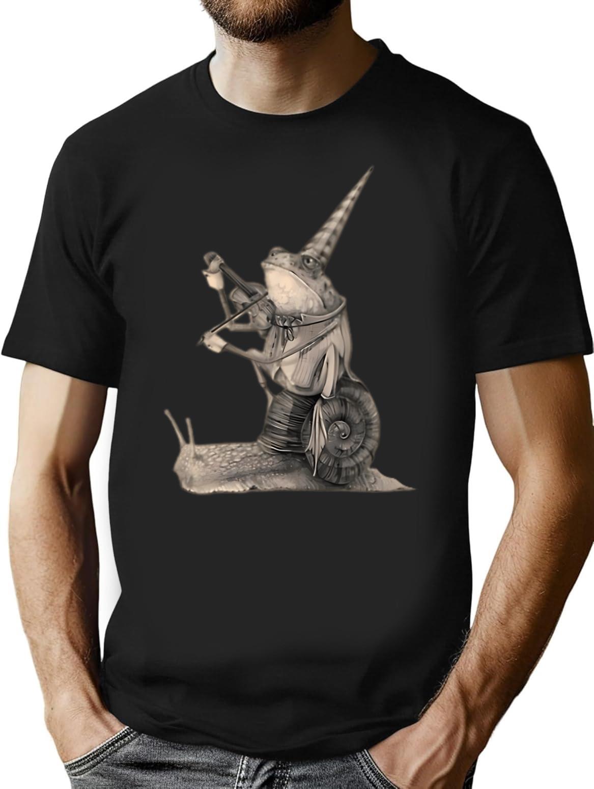 Frog Playing Violin While Riding A Snail Medieval Renaissance Minimalist Graphic T-Shirt - Unisex Streetwear Tee - Black