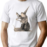 Frog Playing Violin While Riding A Snail Medieval Renaissance Minimalist Graphic T-Shirt - Unisex Streetwear Tee - White