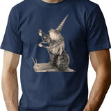 Frog Playing Violin While Riding A Snail Medieval Renaissance Minimalist Graphic T-Shirt - Unisex Streetwear Tee - Navy