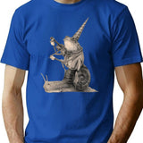 Frog Playing Violin While Riding A Snail Medieval Renaissance Minimalist Graphic T-Shirt - Unisex Streetwear Tee - Blue
