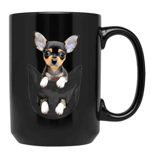 Funny Black Chihuahua In Pocket Black Coffee Mug, Gift Coffee Mug - Black
