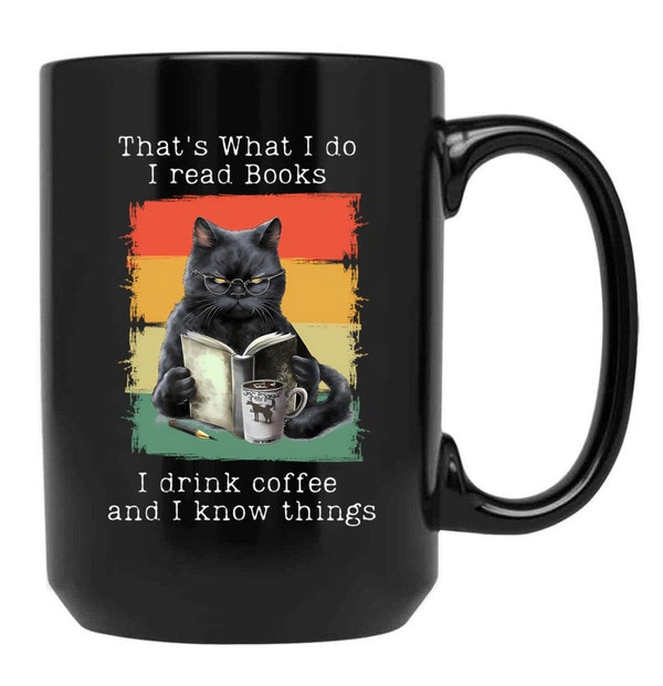 Funny Cat And Books T-Shirt Black Coffee Mug, Gift Coffee Mug - Black