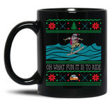 Funny Christmas Surfing Santa Hawaiian Ugly Christmas Black Coffee Mug, Gift Coffee Mug