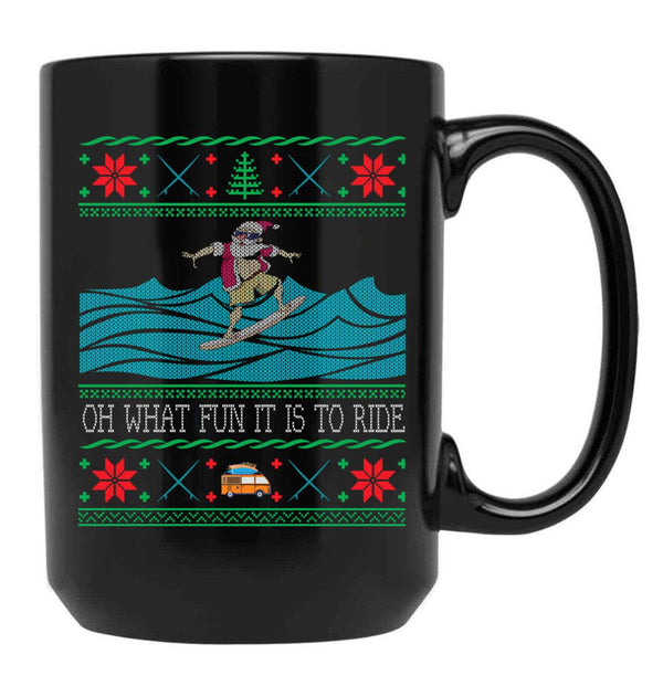 Funny Christmas Surfing Santa Hawaiian Ugly Christmas Black Coffee Mug, Gift Coffee Mug - Black