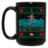 Funny Christmas Surfing Santa Hawaiian Ugly Christmas Black Coffee Mug, Gift Coffee Mug