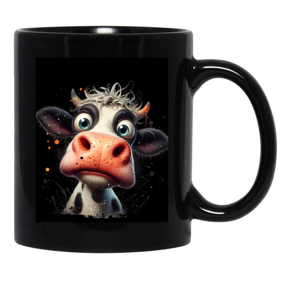 Funny Cow Big Eyes Portrait Black Coffee Mug, Gift Coffee Mug - Black