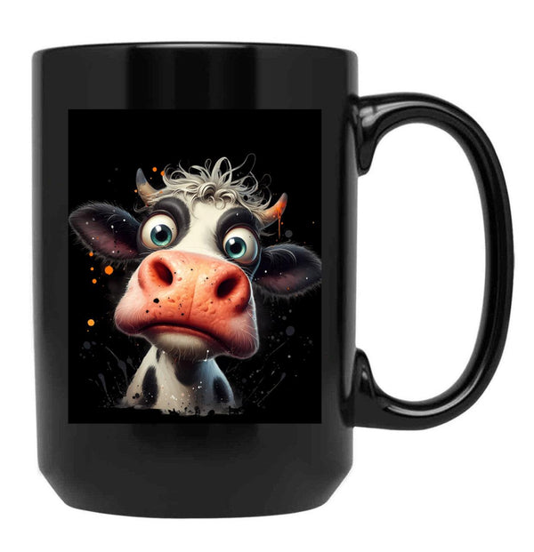 Funny Cow Big Eyes Portrait Black Coffee Mug, Gift Coffee Mug - Black