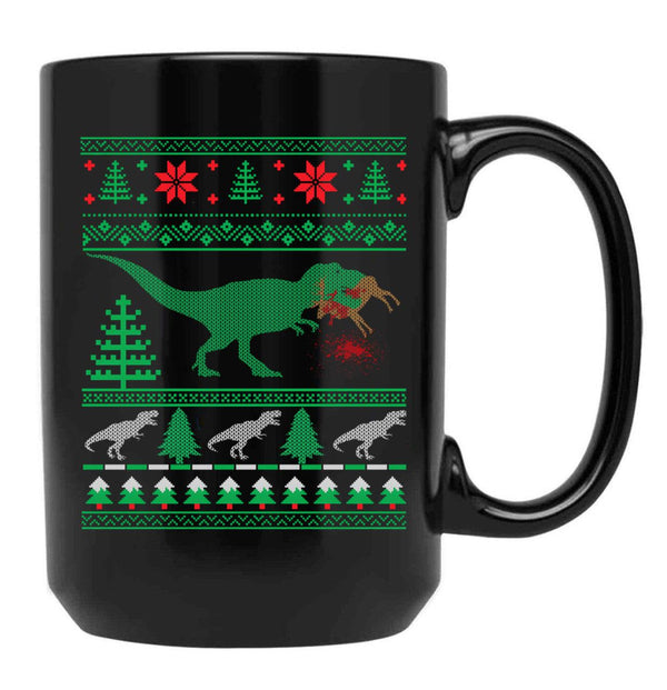 Funny Dinosaur T-Rex Eating Reindeer Tree Rex Ugly Christmas Sweater Black Coffee Mug, Gift Coffee Mug - Black