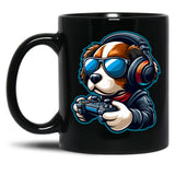 Funny Gamer Dog In Sunglasses And Headphones Black Coffee Mug, Gift Coffee Mug