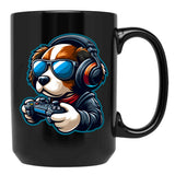 Funny Gamer Dog In Sunglasses And Headphones Black Coffee Mug, Gift Coffee Mug - Black