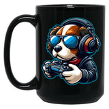 Funny Gamer Dog In Sunglasses And Headphones Black Coffee Mug, Gift Coffee Mug