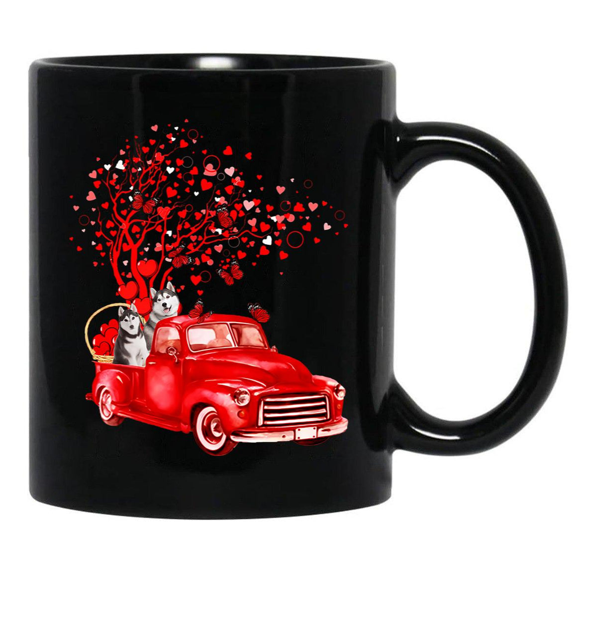 Husky Riding Red Truck Valentine Butterfly Heart Tree Black Gift Coffee Mug - Black