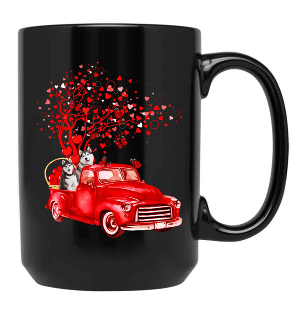 Husky Riding Red Truck Valentine Butterfly Heart Tree Black Gift Coffee Mug - Black