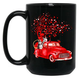 Husky Riding Red Truck Valentine Butterfly Heart Tree Black Coffee Mug, Gift Coffee Mug