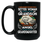 I Asked God To Make Me A Better Moman He Sent Me My Grandson Family Black Coffee Mug, Gift Coffee Mug