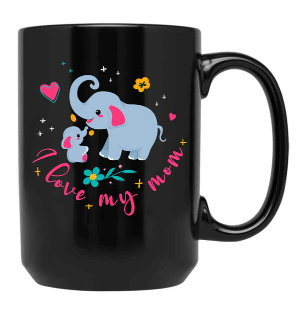 I Love My Elephant Mama Cute Mama And Baby Elephant Black Coffee Mug - Black