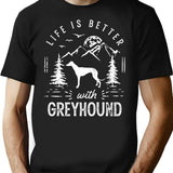 Life Is Better Greyhound Dog Minimalist Graphic T-Shirt - Unisex Streetwear Tee - Black