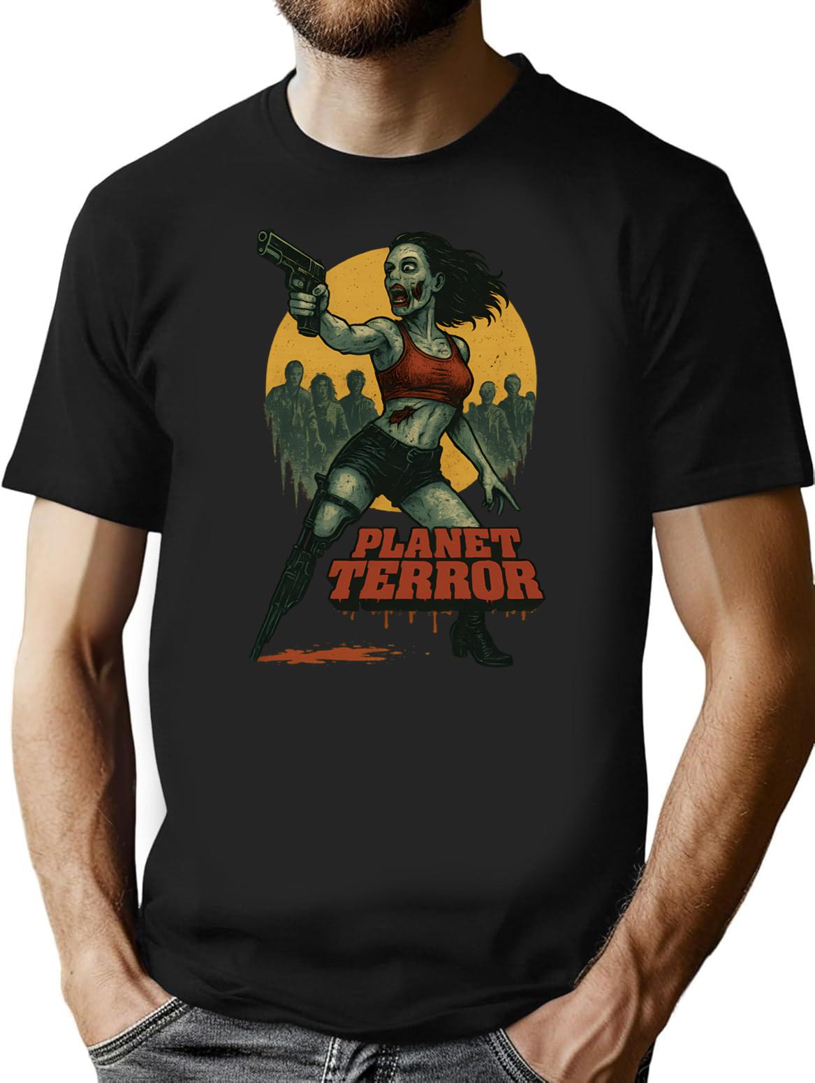 Planet Terror Design Explosive B-Movie Zombie Fan Art T-Shirt for Men & Women, T-Shirts Graphic Tee - Black