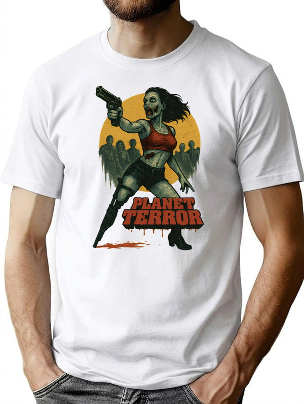 Planet Terror Design Explosive B-Movie Zombie Fan Art T-Shirt for Men & Women, T-Shirts Graphic Tee - White
