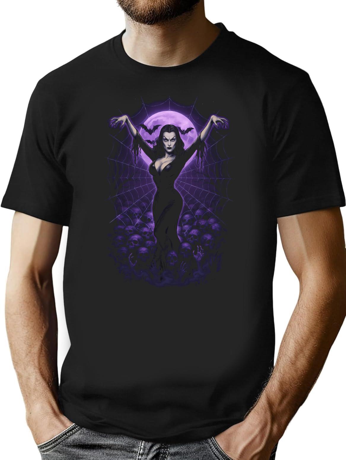 Queen Of The Web Gothic Vampire Pinup Under Purple Moon T-Shirt for Men & Women, T-Shirts Graphic Tee - Black
