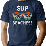 Sup Beaches Vintage Retro Funny Beach Vacation Minimalist Graphic T-Shirt - Unisex Streetwear Tee - Navy