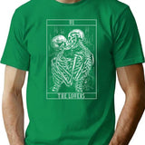 Tarot Card The Lovers - Skeleton Love Kisses Bones Horror Minimalist Graphic T-Shirt - Unisex Streetwear Tee - Green