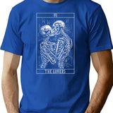 Tarot Card The Lovers - Skeleton Love Kisses Bones Horror Minimalist Graphic T-Shirt - Unisex Streetwear Tee - Blue