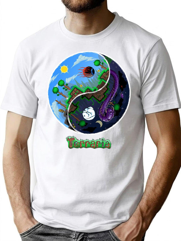 Terraria Game Night And Day Horror Design T-Shirt for Men & Women, T-Shirts Graphic Tee - White