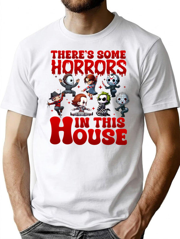There Are Horrors In This House Pumpkin Halloween Horror Movie Characters T-Shirt for Men & Women, T-Shirts Graphic Tee - White