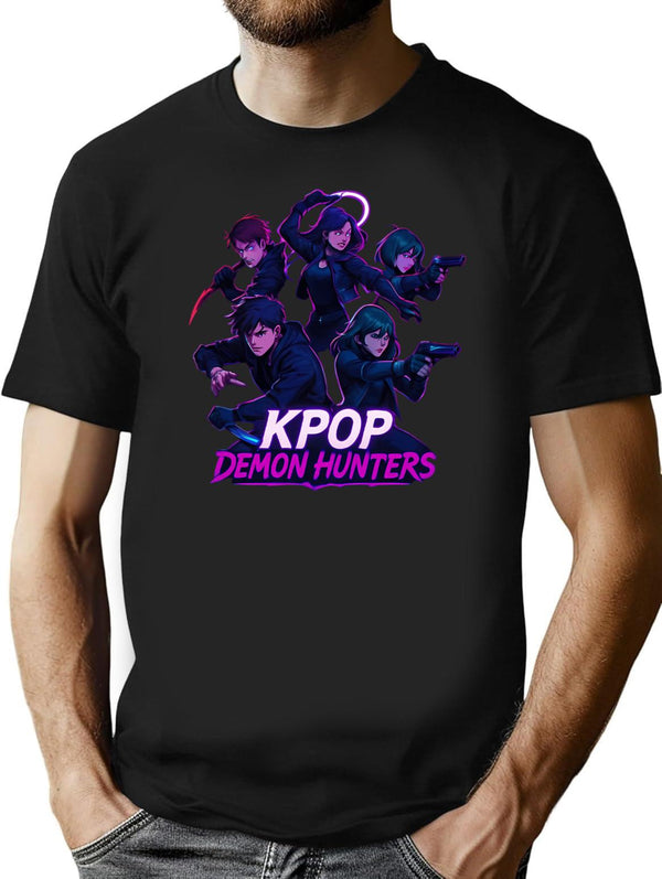 Title K-Pop Demon Hunters The Squad In Action T-Shirt for Men & Women, T-Shirts Graphic Tee - Black