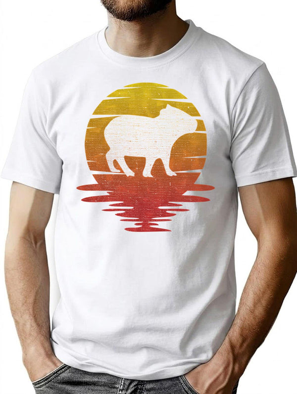 Vintage Capybara Silhouette Retro Sunset Cute Art Minimalist Graphic T-Shirt - Unisex Streetwear Tee - White