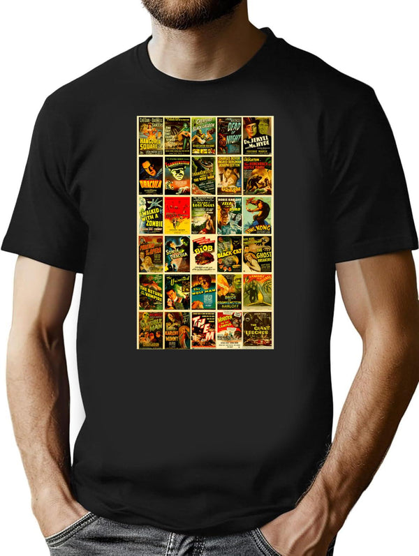 Vintage Classic Horror Monster Movie Posters T-Shirt for Men & Women, T-Shirts Graphic Tee - Black