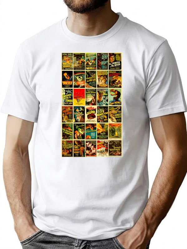Vintage Classic Horror Monster Movie Posters T-Shirt for Men & Women, T-Shirts Graphic Tee - White