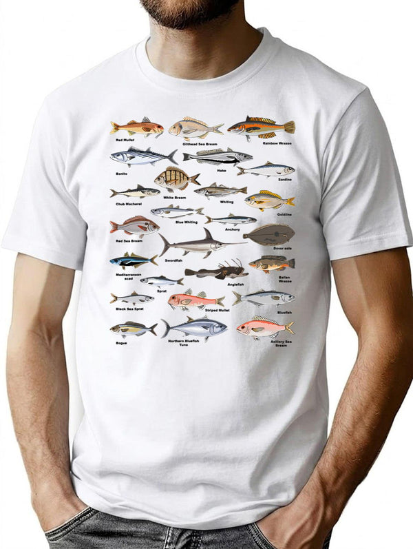 Vintage Fish Identification Chart Fishing T-Shirt for Men & Women, T-Shirts Graphic Tee - White
