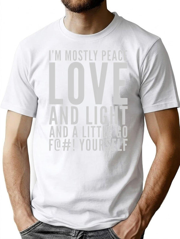 Vintage I'M Mostly Peace Love Light And A Little Go Yoga Tee Minimalist Graphic T-Shirt - Unisex Streetwear Tee - White