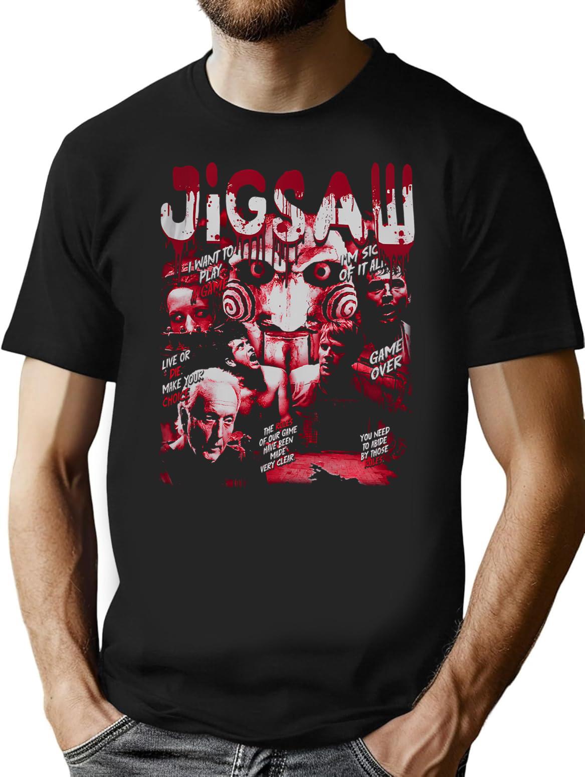 Vintage Retro Jigsaw Saw Movie T-Shirt for Men & Women, T-Shirts Graphic Tee - Black