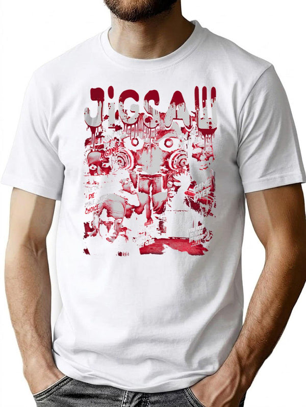 Vintage Retro Jigsaw Saw Movie T-Shirt for Men & Women, T-Shirts Graphic Tee - White