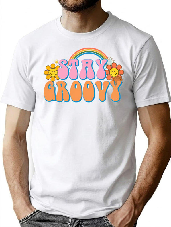 Vintage Stay Groovy Retro Hippie Funny T-Shirt for Men & Women, T-Shirts Graphic Tee - White