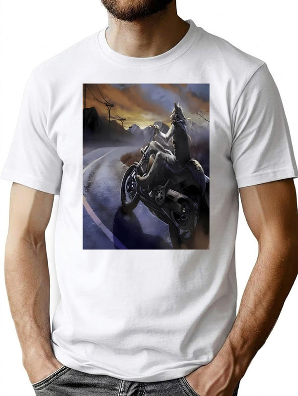 Werewolf Riding Motorcycle Meme T-Shirt for Men & Women, T-Shirts Graphic Tee - White