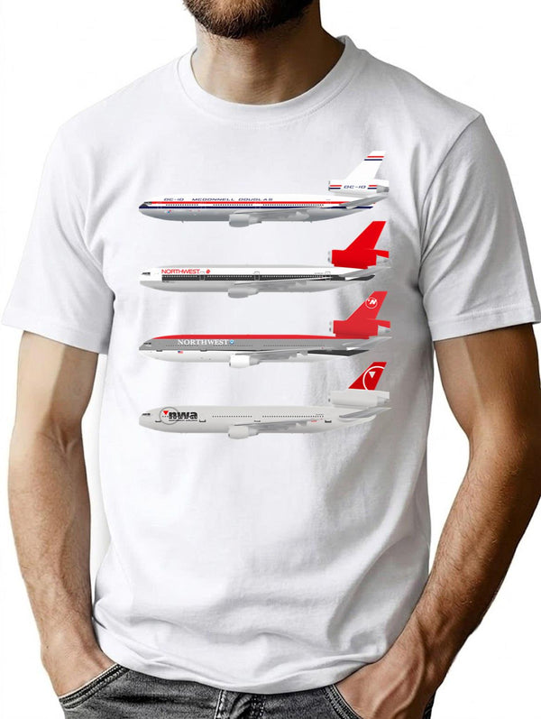 Wings In Uniform - Dc-10 - Northwest Airlines - Through The Ages Minimalist Graphic T-Shirt - Unisex Streetwear Tee - White